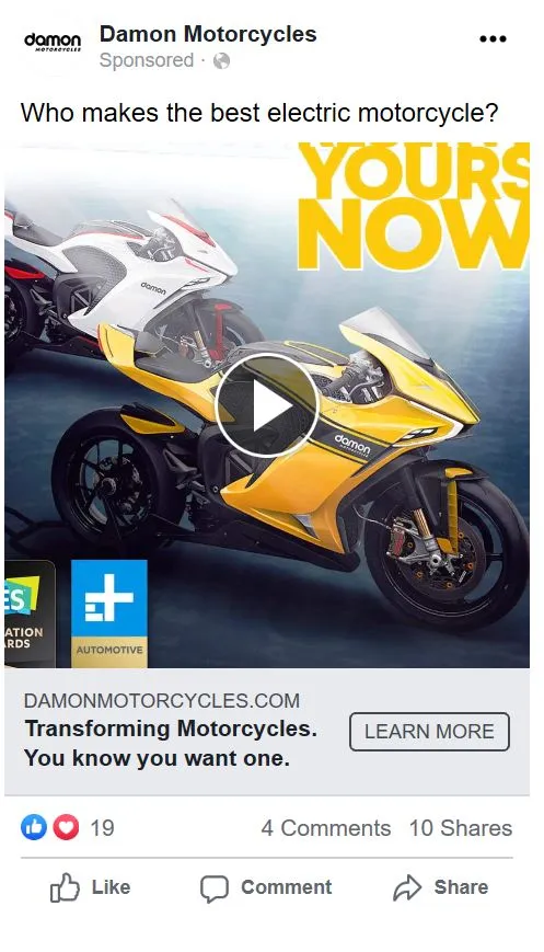 Top performing ad: Who makes the best electric motorcycle?