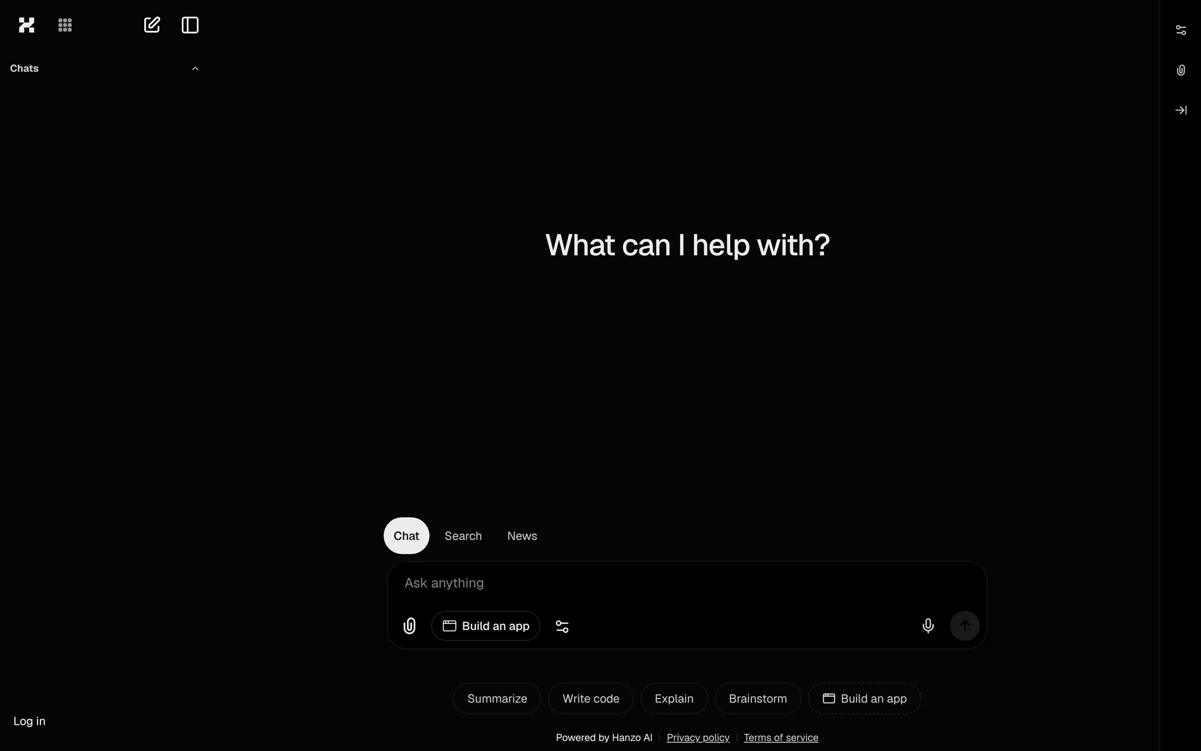 Hanzo Chat in its empty state: the prompt "What can I help with?" centred over a composer reading "Ask anything" with attach, Build an app, settings and microphone controls, Chat / Search / News mode tabs above it, and suggestion chips for Summarize, Write code, Explain, Brainstorm and Build an app.