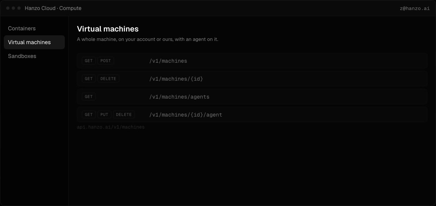 The machines surface on api.hanzo.ai/v1/machines, operation by operation.
